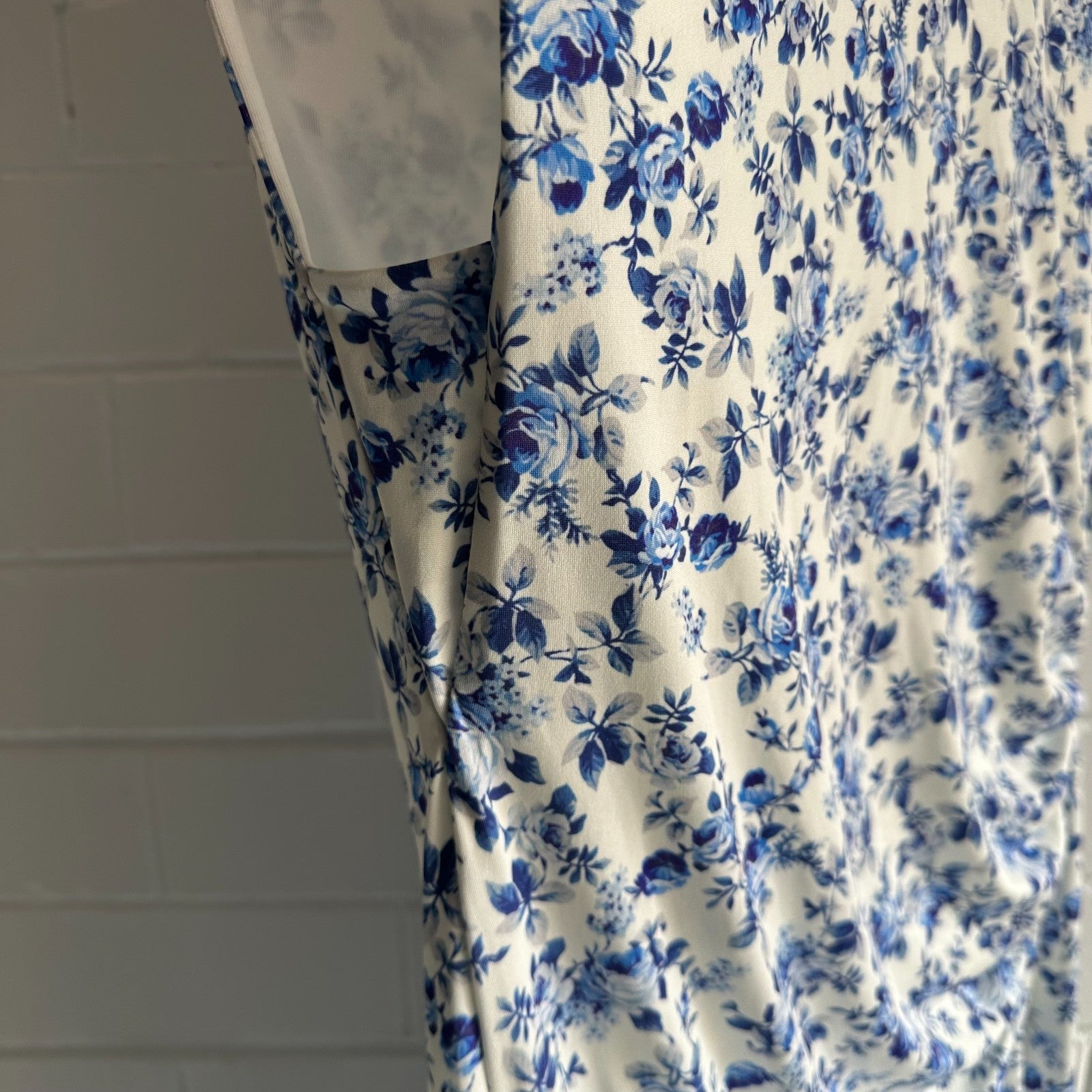 MAJE Floral Sleeveless Midi Dress EU40 AU12 Ruched Bodycon Blue and Ivory