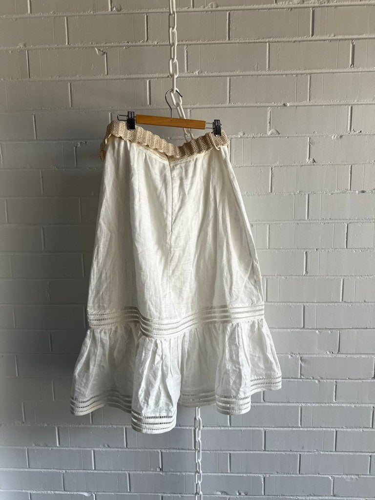 ZIMMERMANN Jude Belted Midi Skirt Sz 2 Ivory Linen Raffia belt