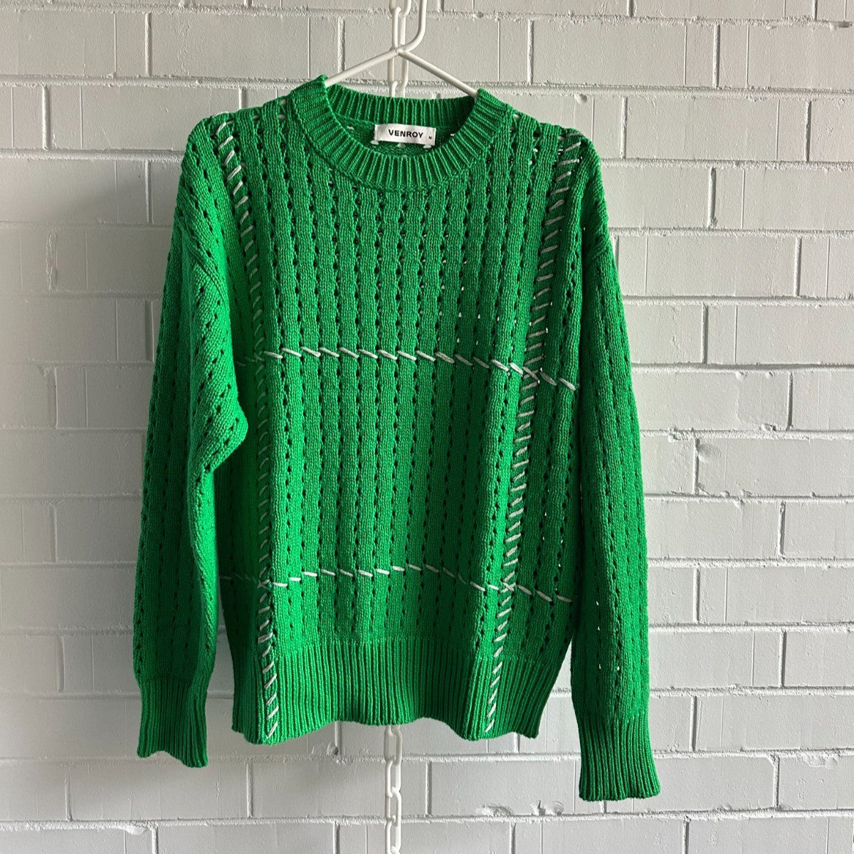 VENROY Whipstitch Cotton Cashmere Sweater Size M Bright Green Unisex BNWT