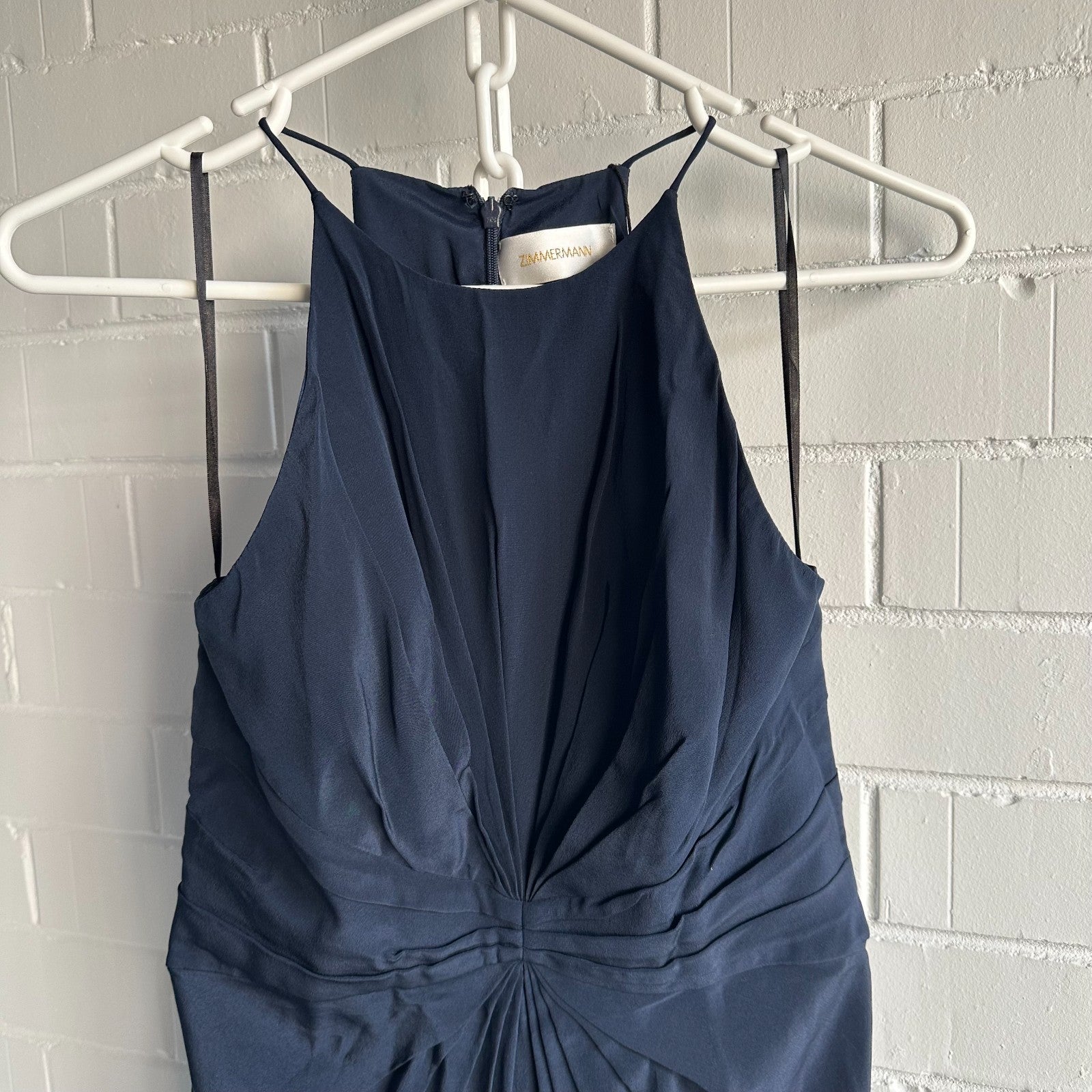 ZIMMERMANN Silk Ray Short Dress Size 2 AU12 Navy Tuck detail Halter neck