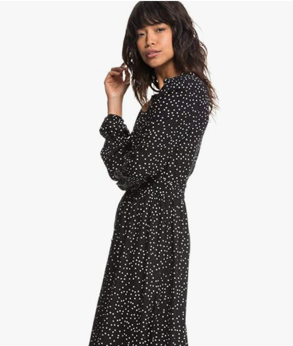 SEED HERITAGE Long Sleeve Spot Midi Dress AU 6 Black with Latte polka dot