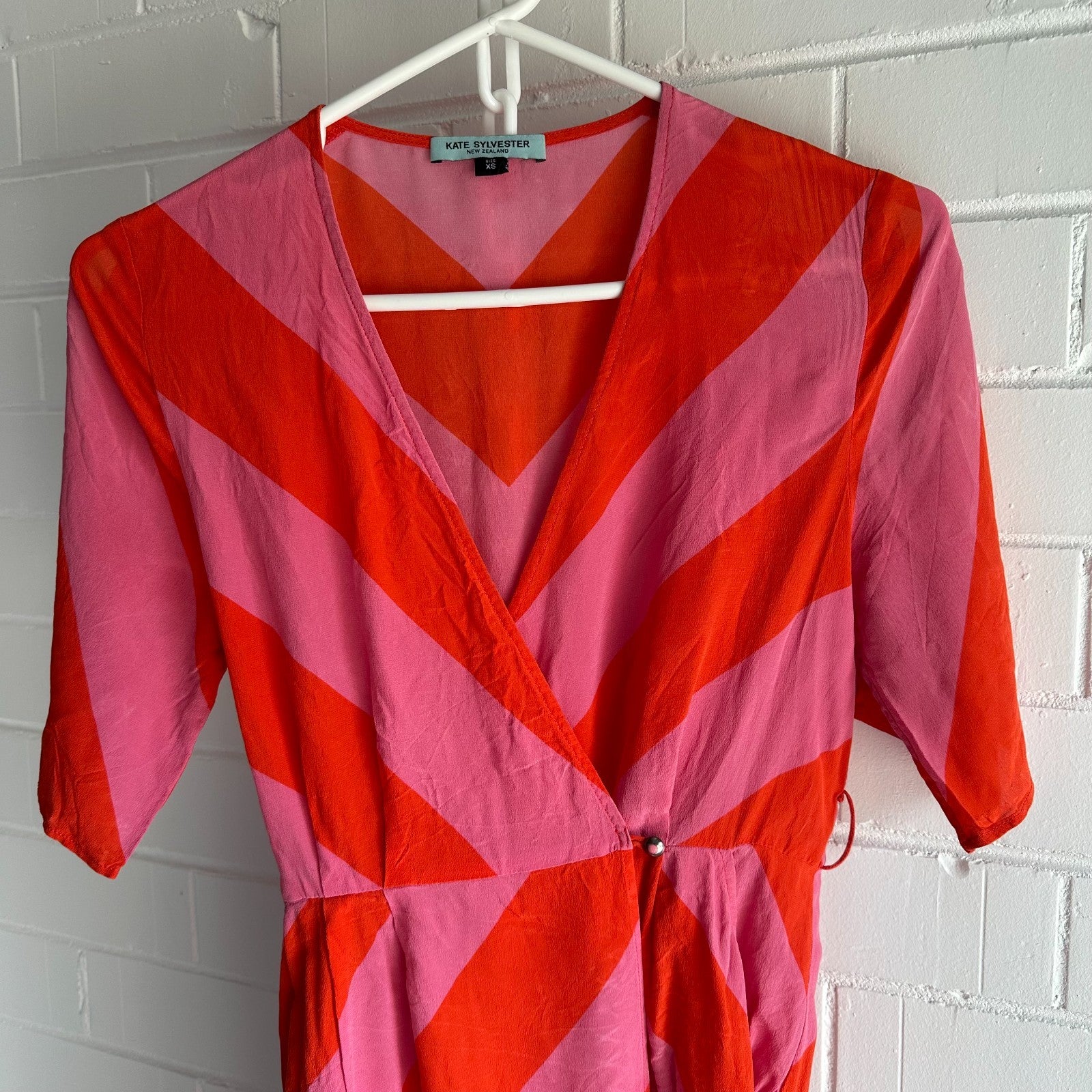 KATE SYLVESTER Keiko Silk Wrap midi dress XS AU6 Chevron Pink/Orange