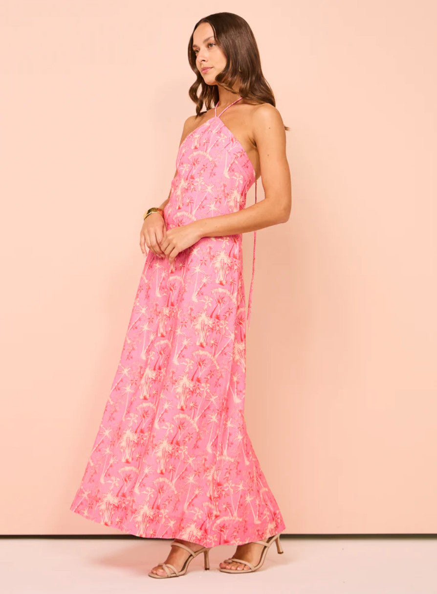 PALM NOOSA Isabella Halter Midi Dress AU8 Pink Palms Linen Resort BNWT