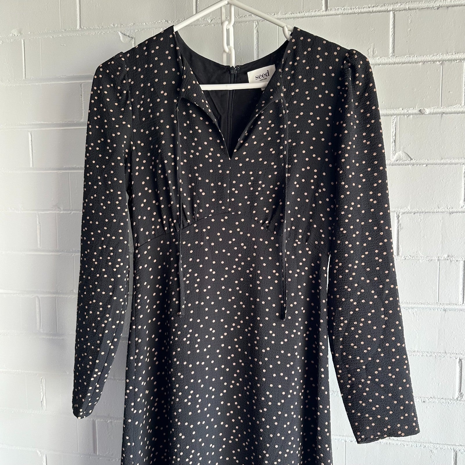 SEED HERITAGE Long Sleeve Spot Midi Dress AU 6 Black with Latte polka dot
