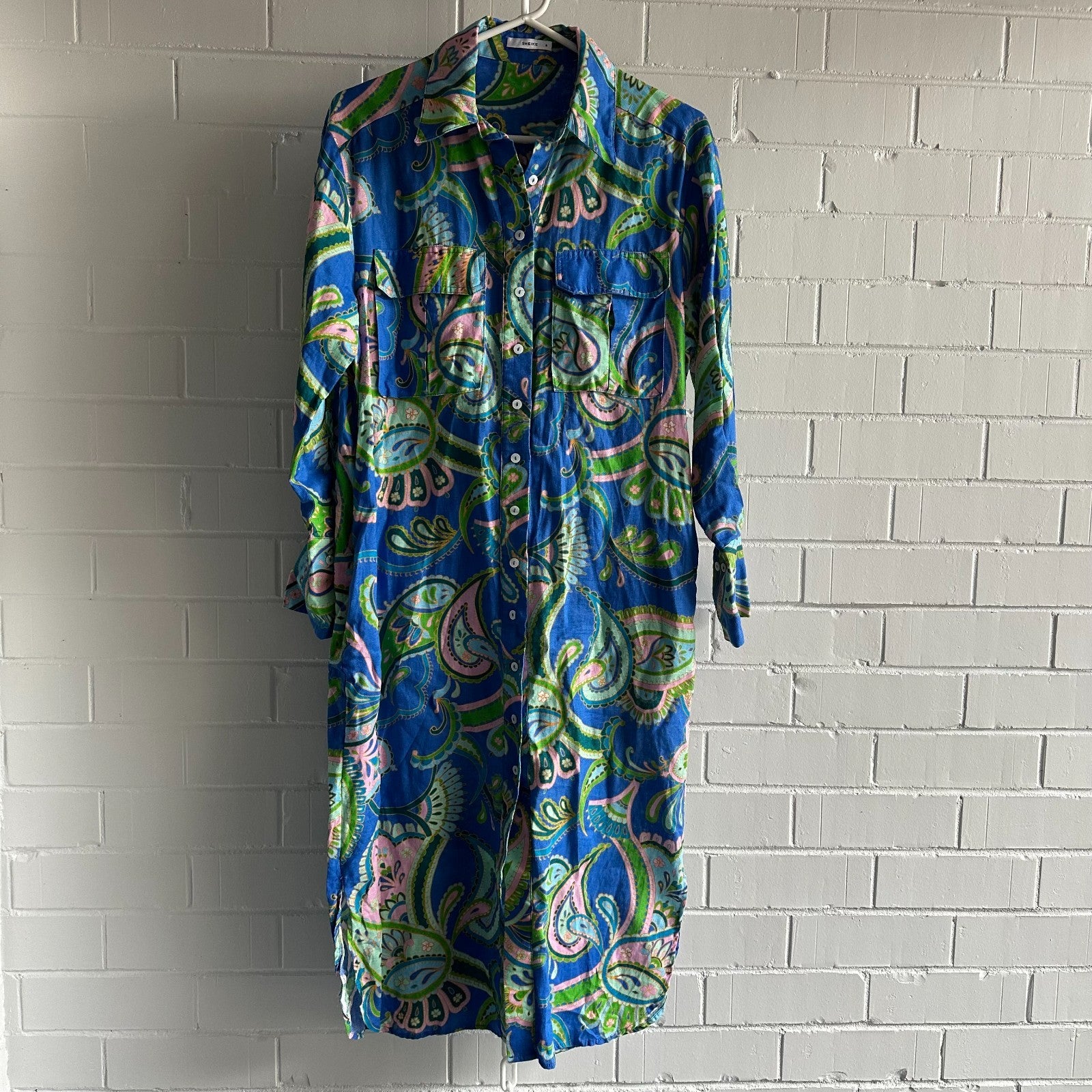 SHEIKE Balearic Sea Linen Midi Shirtdress AU8 US4 Paisley Long sleeved Blue