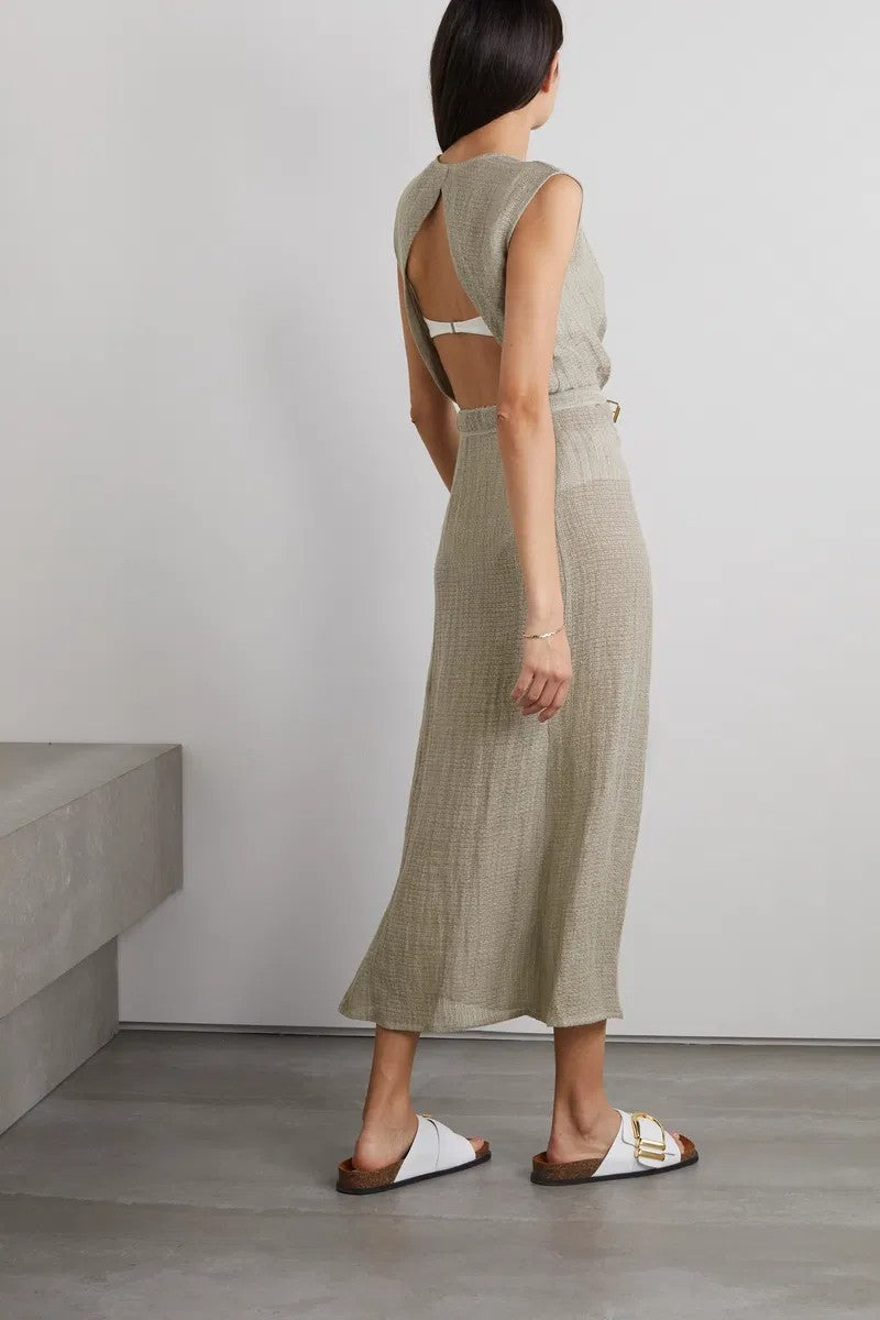 LE KASHA Matruh Open- Back Linen-Gauze midi Dress Size SmallAU8 US4 Organic Flax
