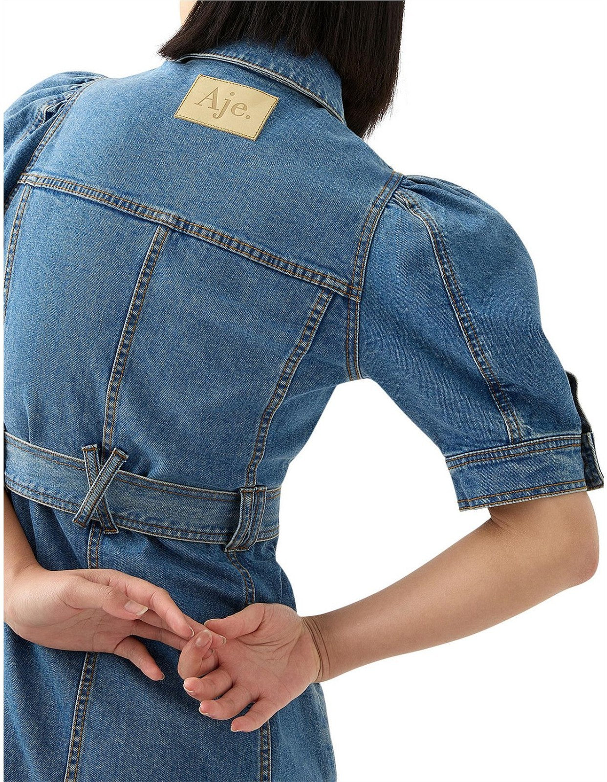 AJE Adriana Puff Sleeve Denim Mini Shirt Dress AU8 90's Blue