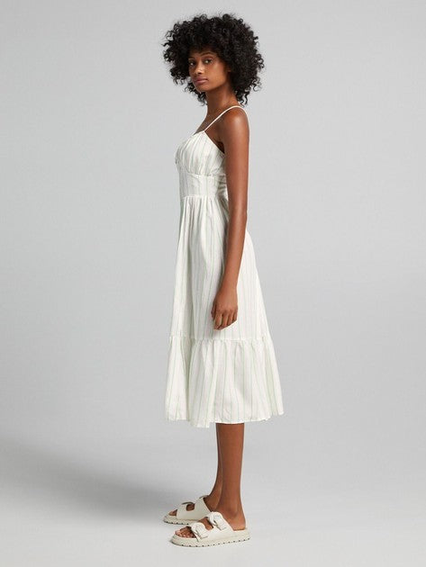 BERSHKA Stripe sundress Size S AU8 US4 Viscose Linen strappy cut out flirty