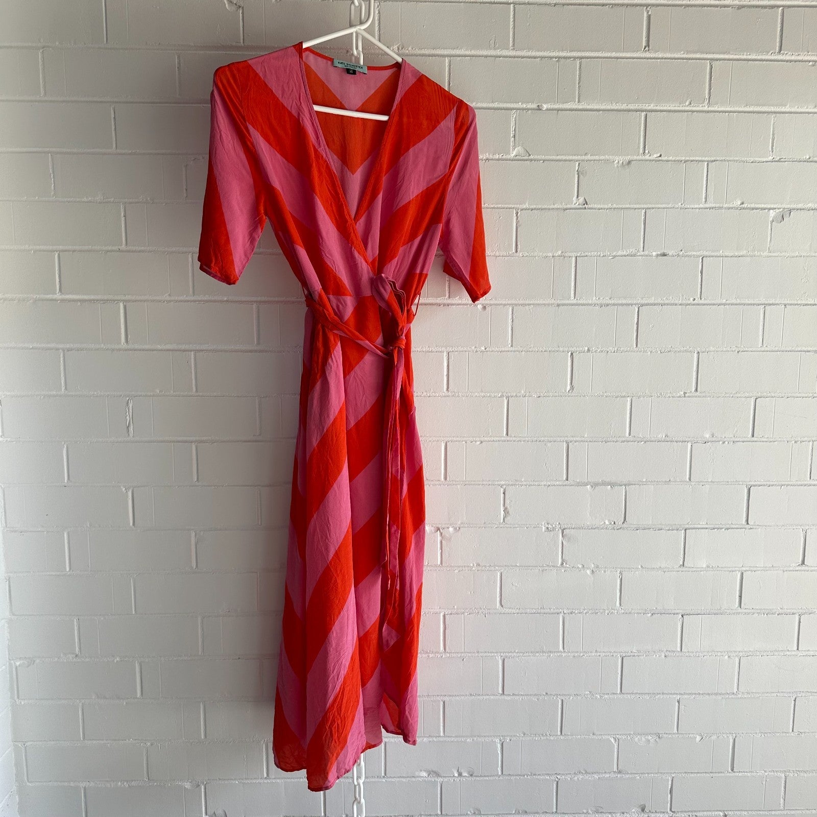 KATE SYLVESTER Keiko Silk Wrap midi dress XS AU6 Chevron Pink/Orange