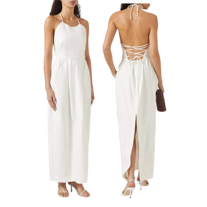 OROTON Eyelet Cotton Twill Halter dress AU10 US6 Maxi lace up eyelets White BNWT