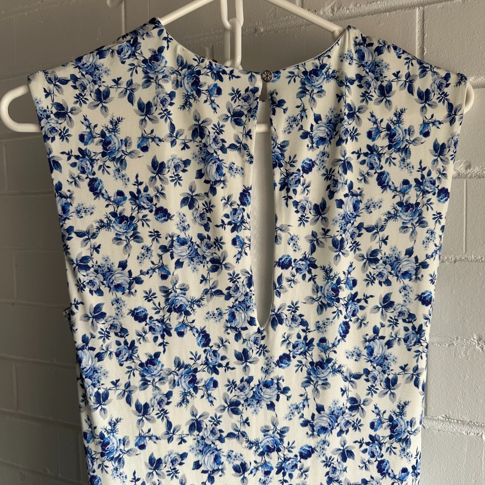 MAJE Floral Sleeveless Midi Dress EU40 AU12 Ruched Bodycon Blue and Ivory