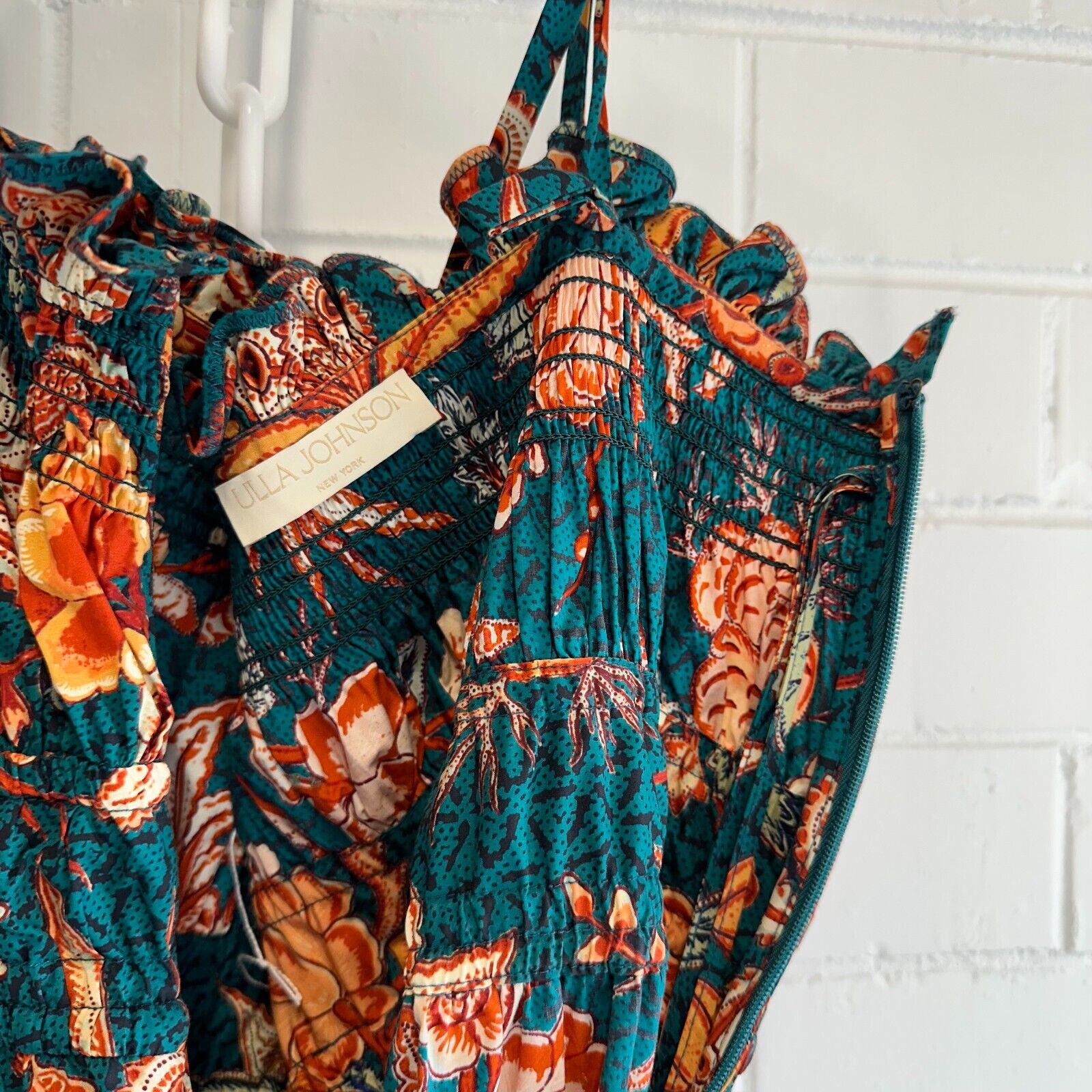 ULLA JOHNSON Smocked Floral Teal Delphinium Lisbet MIDI Dress Size AU6 US2