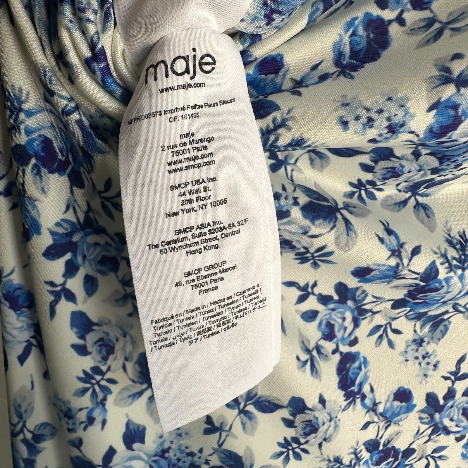 MAJE Floral Sleeveless Midi Dress EU40 AU12 Ruched Bodycon Blue and Ivory