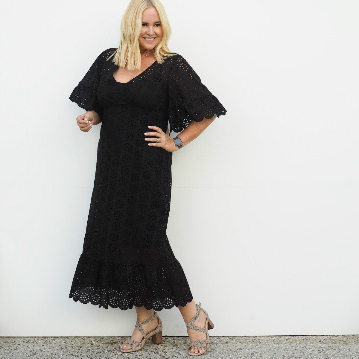 HARLOW Cotton Broderie Anglaise Black Maxi dress Size L PLUS Elastic waist Boho