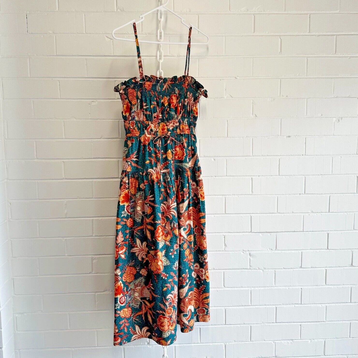 ULLA JOHNSON Smocked Floral Teal Delphinium Lisbet MIDI Dress Size AU6 US2