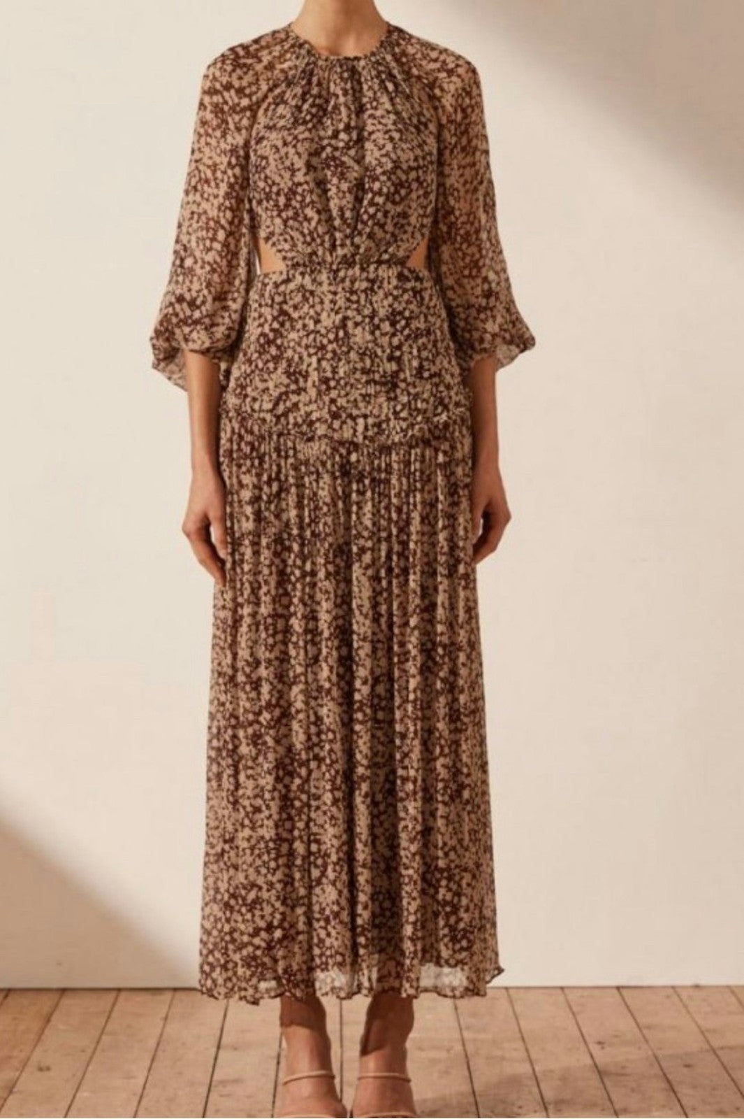 SHONA JOY Valeria cut out Maxi dress AU12 US8 Chocolate Ditzy Boho BNWT