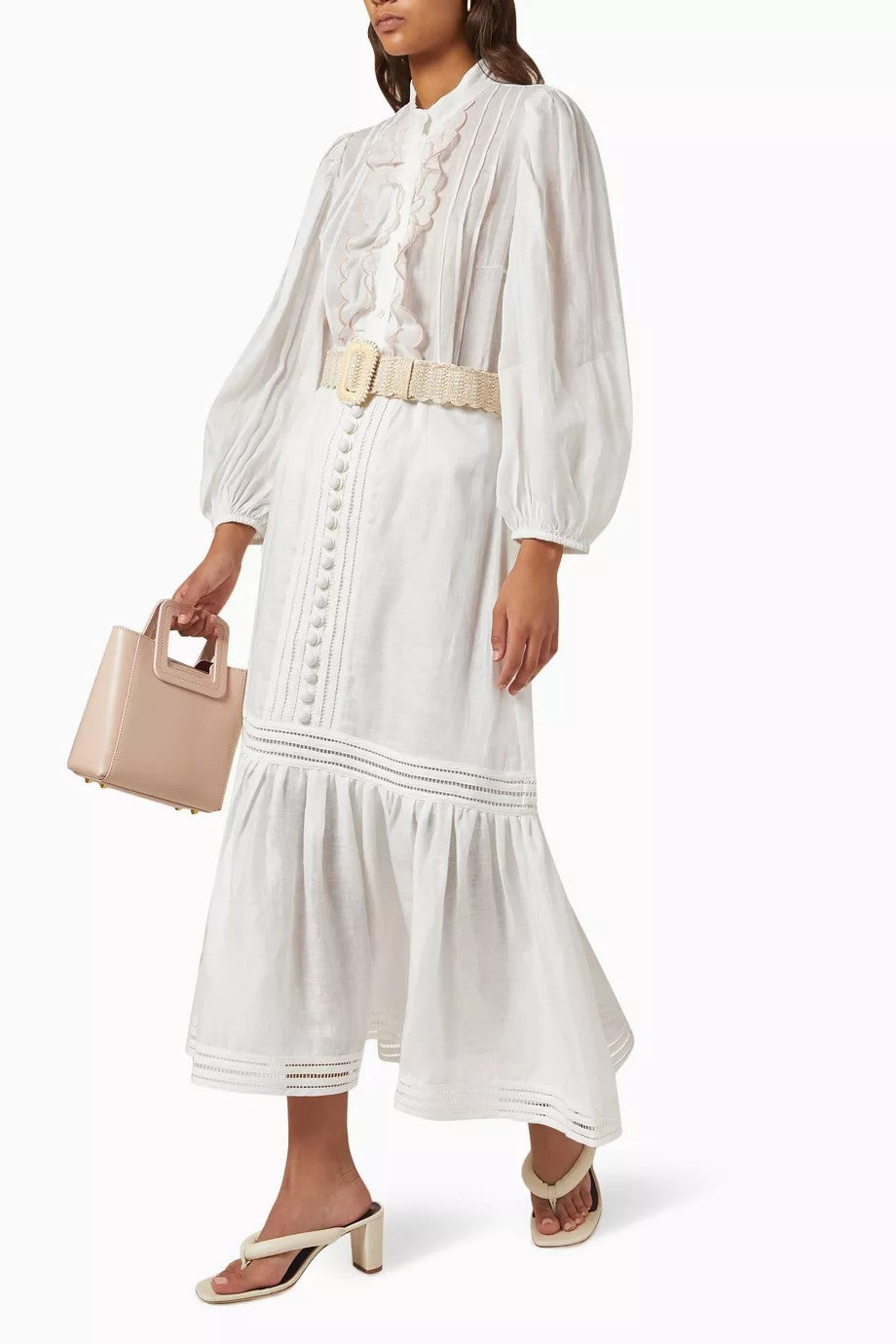 ZIMMERMANN Jude Belted Midi Skirt Sz 2 Ivory Linen Raffia belt