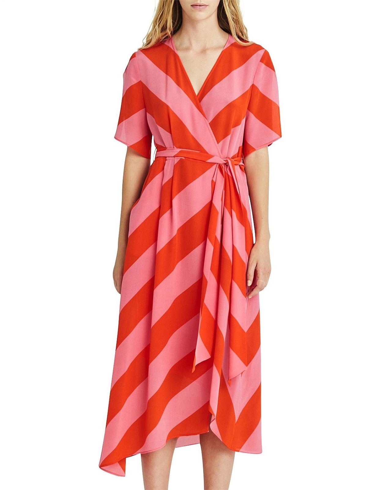 KATE SYLVESTER Keiko Silk Wrap midi dress XS AU6 Chevron Pink/Orange