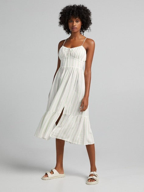 BERSHKA Stripe sundress Size S AU8 US4 Viscose Linen strappy cut out flirty
