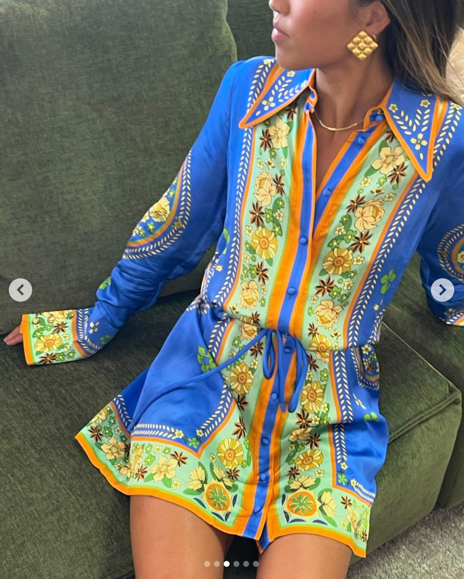 ALEMAIS Cobalt Linda Mini Shirt Dress AU8 US4 Retro scarf print long sleeved