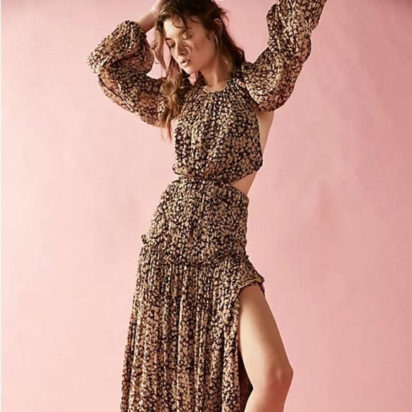 SHONA JOY Valeria cut out Maxi dress AU12 US8 Chocolate Ditzy Boho BNWT