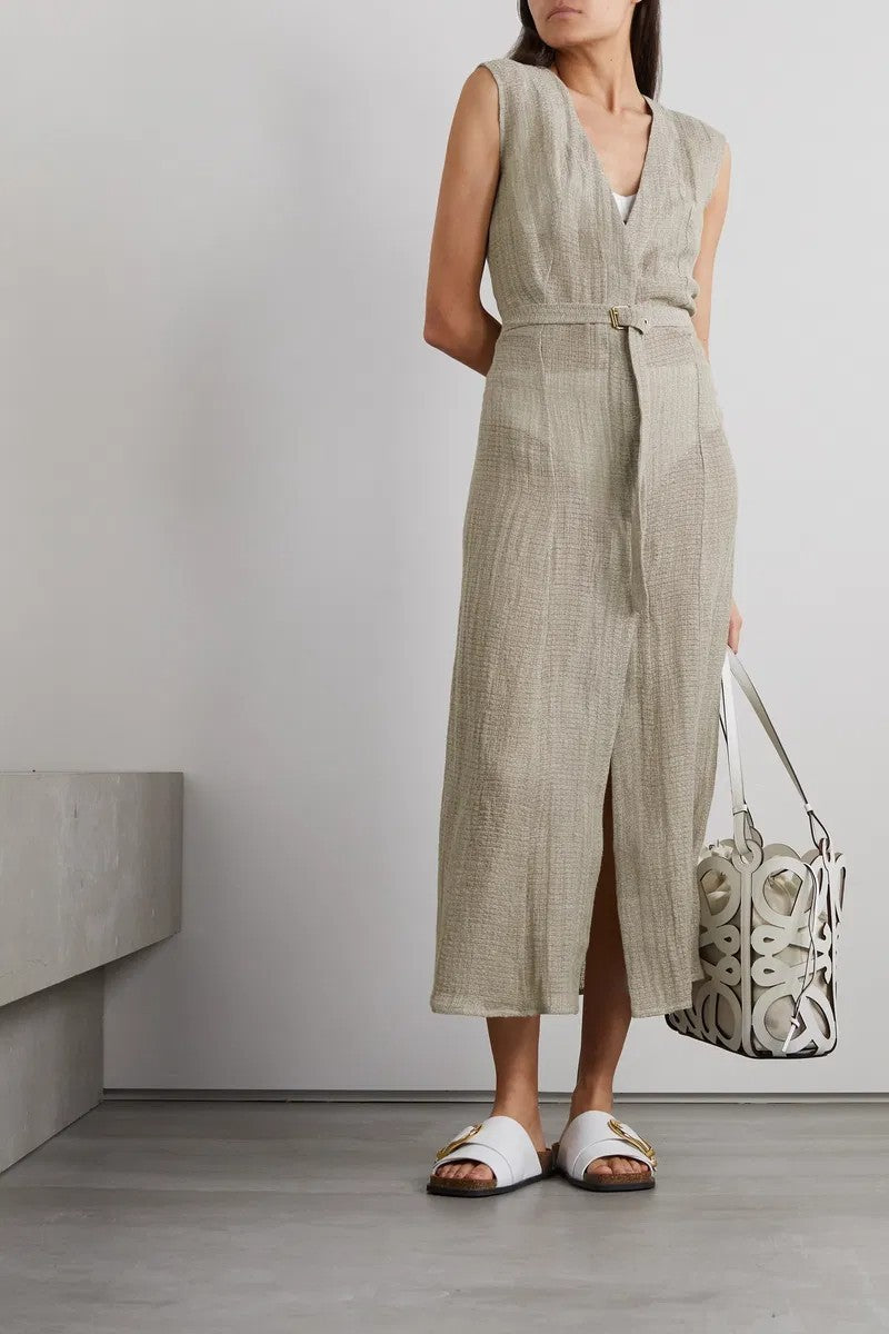 LE KASHA Matruh Open- Back Linen-Gauze midi Dress Size SmallAU8 US4 Organic Flax