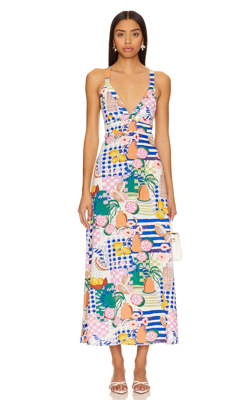 MINKPINK Al Fresco Midi Dress Size XL AU14 Resort Print Cotton Blend