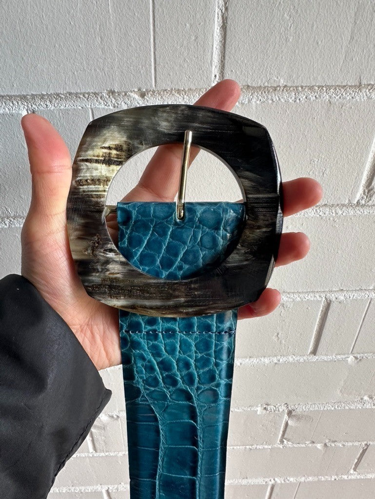 MAX MARA Atelier Leather Belt Made in Italy Size M Teal Statement