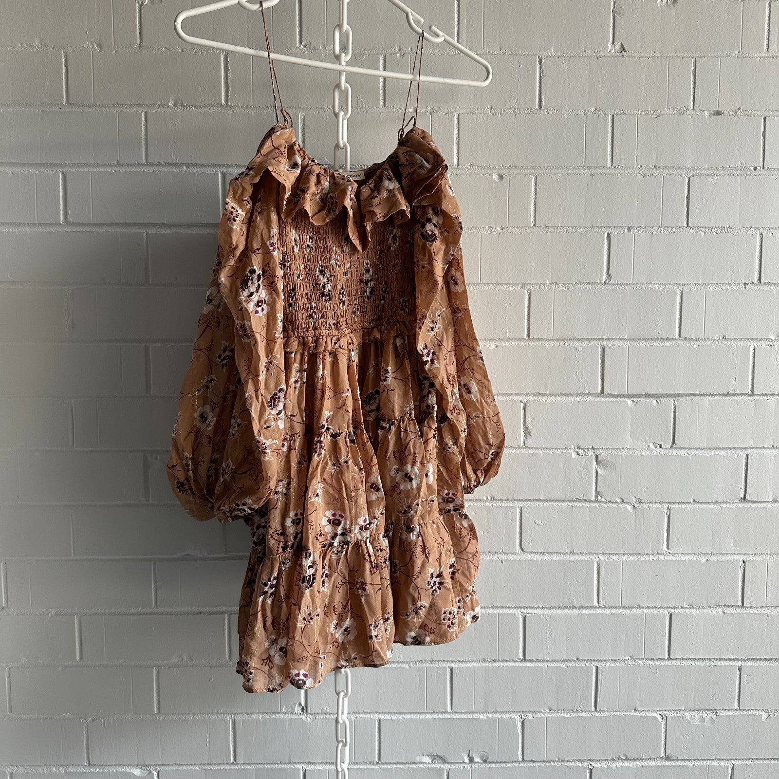 ULLA JOHNSON Monet Smocked silk Floral Size 2 AU6 Beige Off shoulder long sleeve