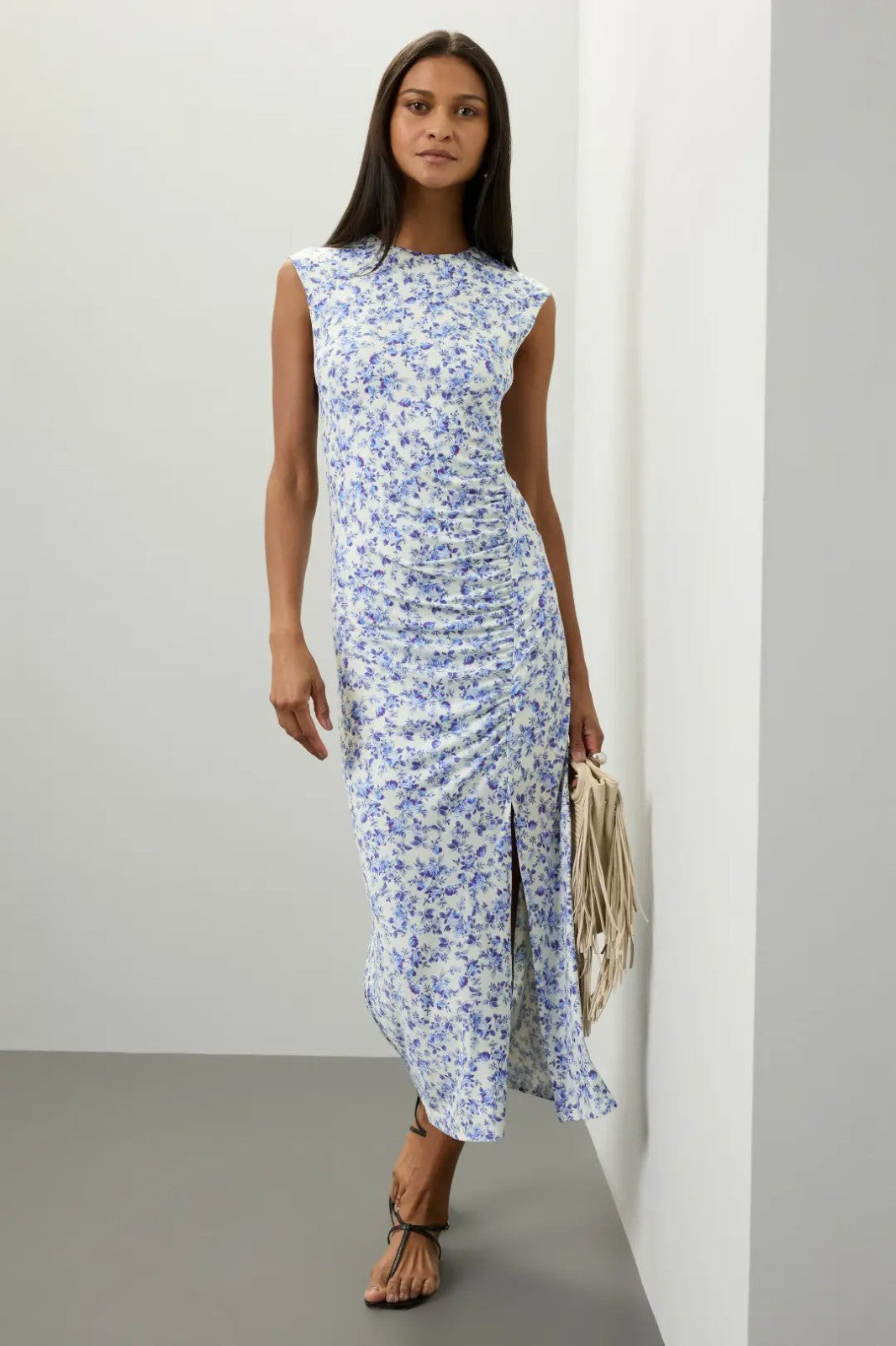 MAJE Floral Sleeveless Midi Dress EU40 AU12 Ruched Bodycon Blue and Ivory