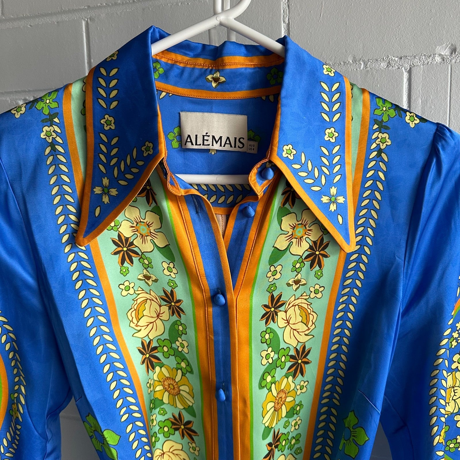 ALEMAIS Cobalt Linda Mini Shirt Dress AU8 US4 Retro scarf print long sleeved