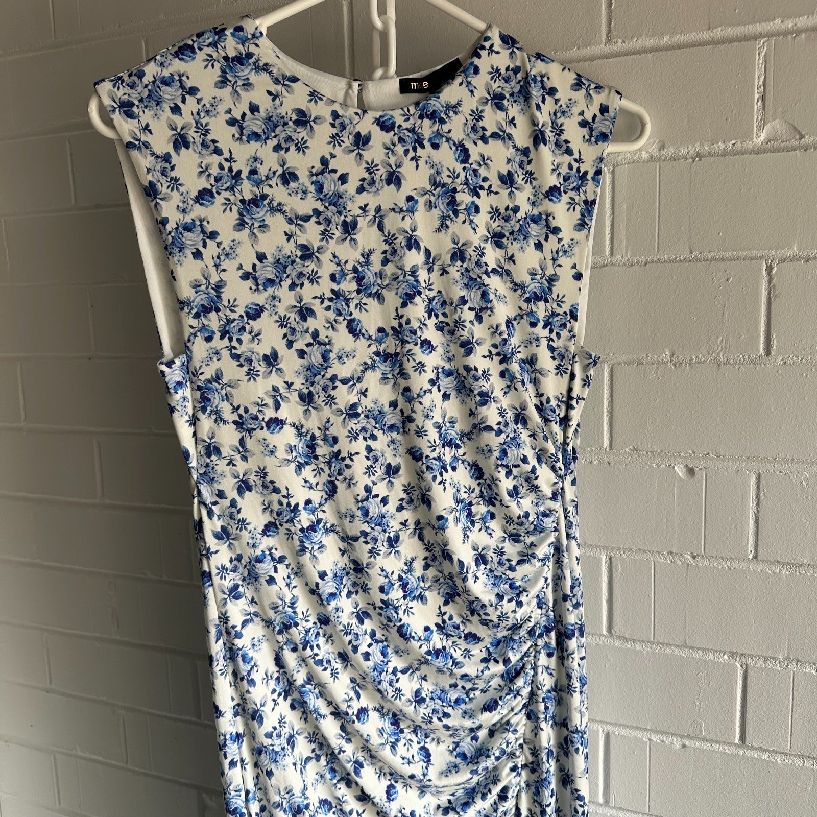 MAJE Floral Sleeveless Midi Dress EU40 AU12 Ruched Bodycon Blue and Ivory