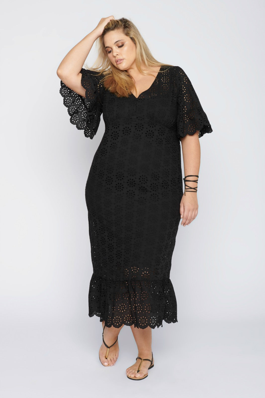 HARLOW Cotton Broderie Anglaise Black Maxi dress Size L PLUS Elastic waist Boho