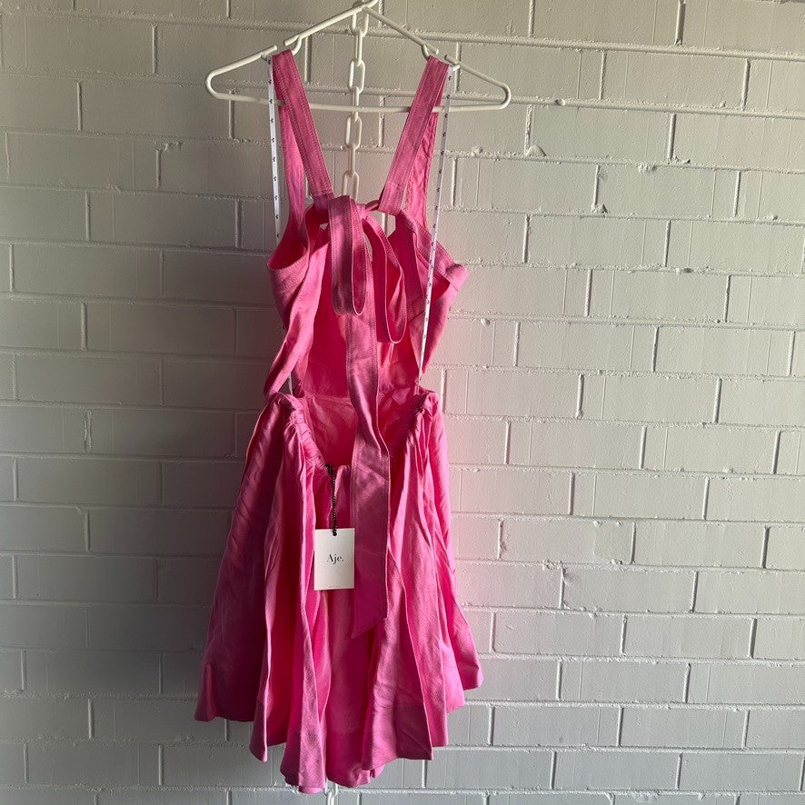 AJE Clara Tie Back Linen Blend Mini Dress AU16 Protea Pink