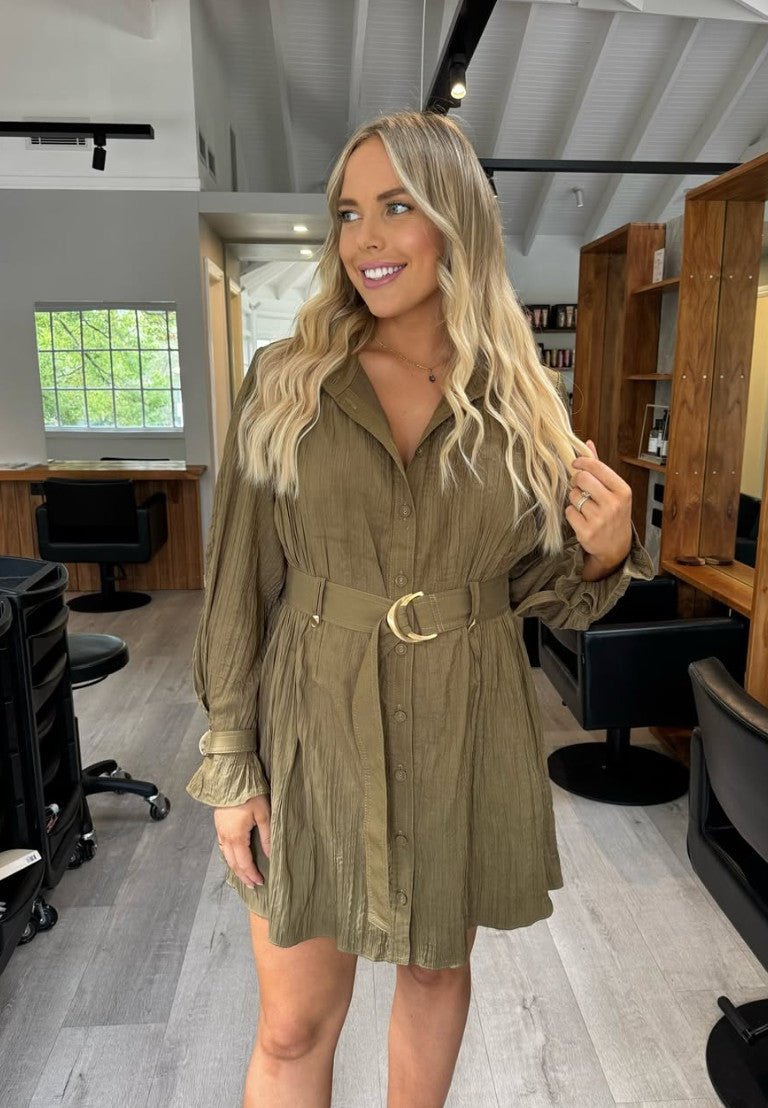 BAIA Olive Swing Dress Short Size S/M,  AU8 , US4, Long sleeve, Belted BNWT
