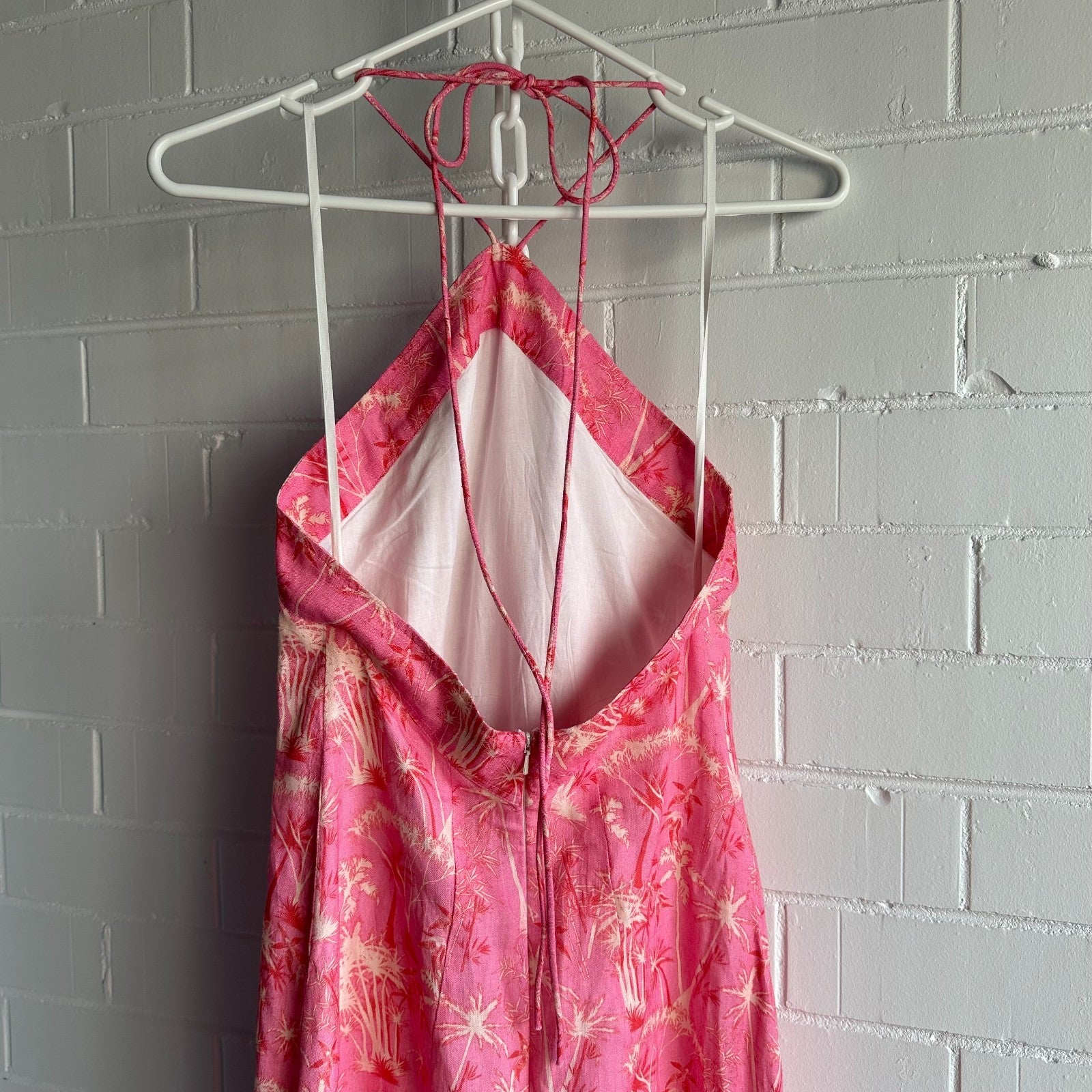 PALM NOOSA Isabella Halter Midi Dress AU8 Pink Palms Linen Resort BNWT