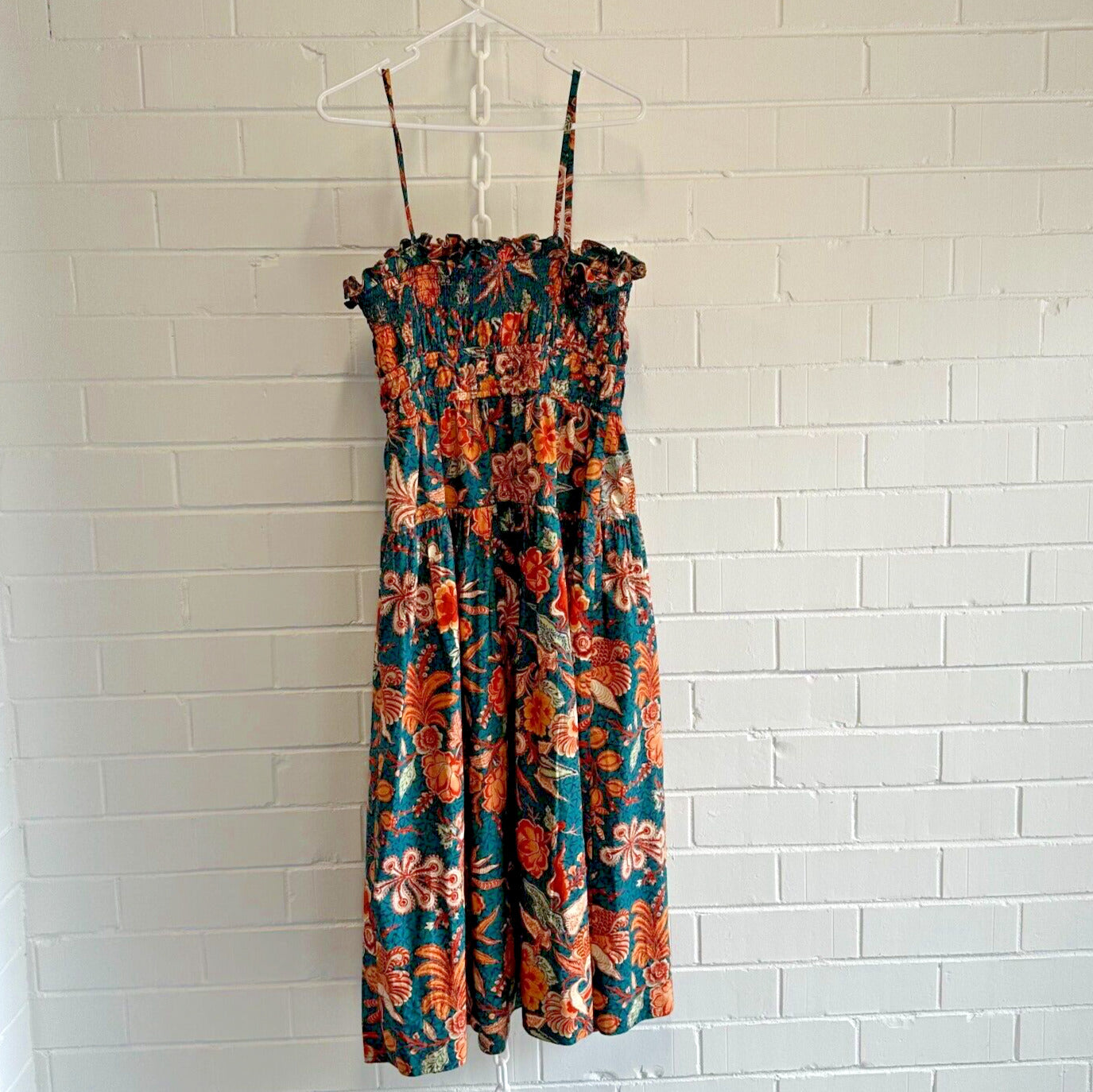 ULLA JOHNSON Smocked Floral Teal Delphinium Lisbet MIDI Dress Size AU6 US2