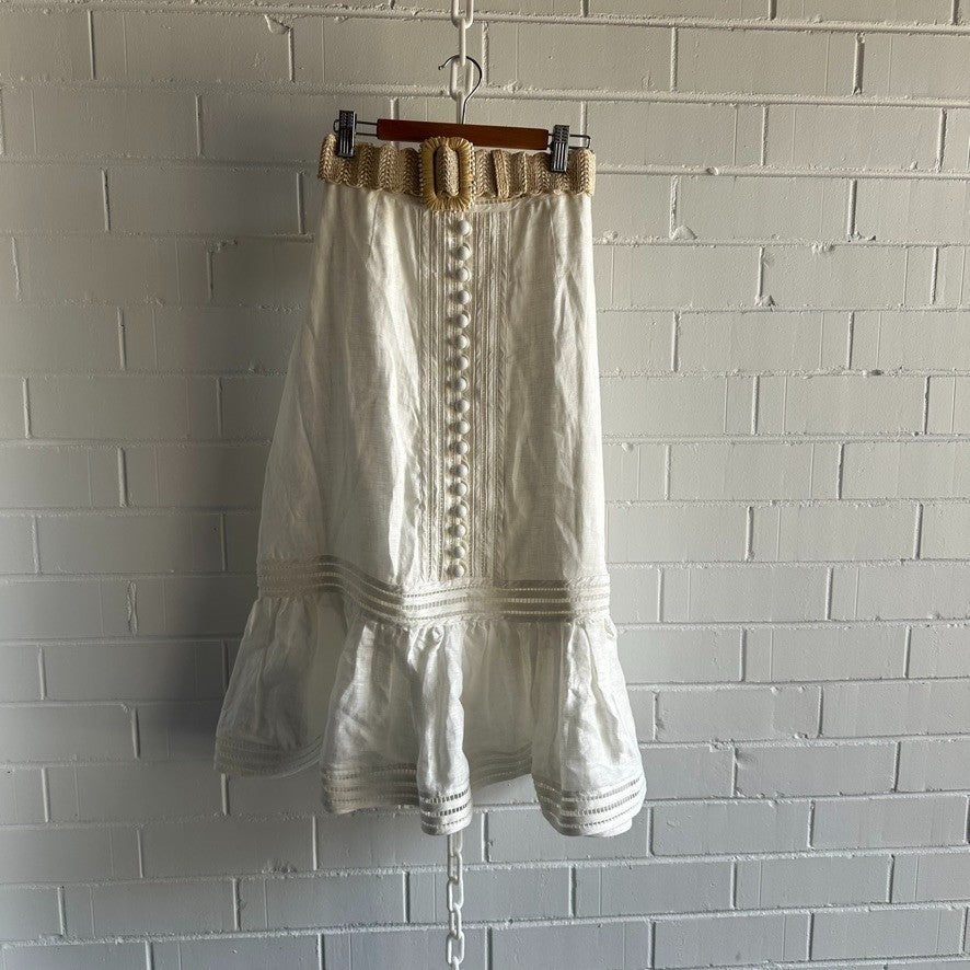 ZIMMERMANN Jude Belted Midi Skirt Sz 2 Ivory Linen Raffia belt