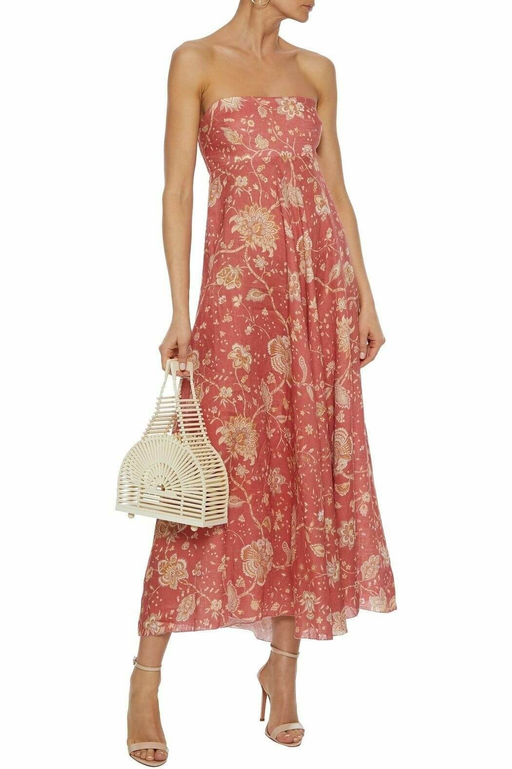 ZIMMERMANN Veneto strapless printed linen midi dress Sz 3 AU12