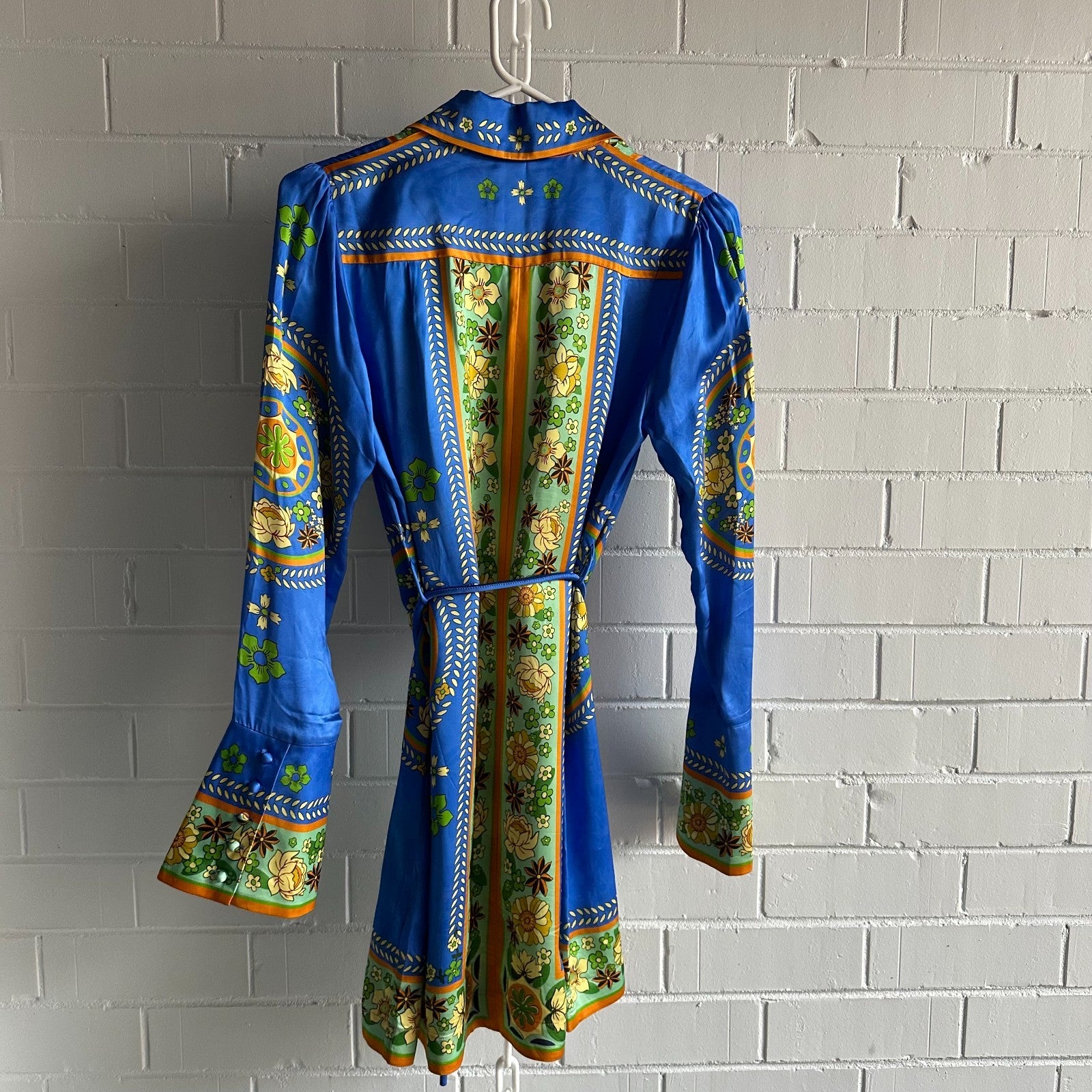 ALEMAIS Cobalt Linda Mini Shirt Dress AU8 US4 Retro scarf print long sleeved