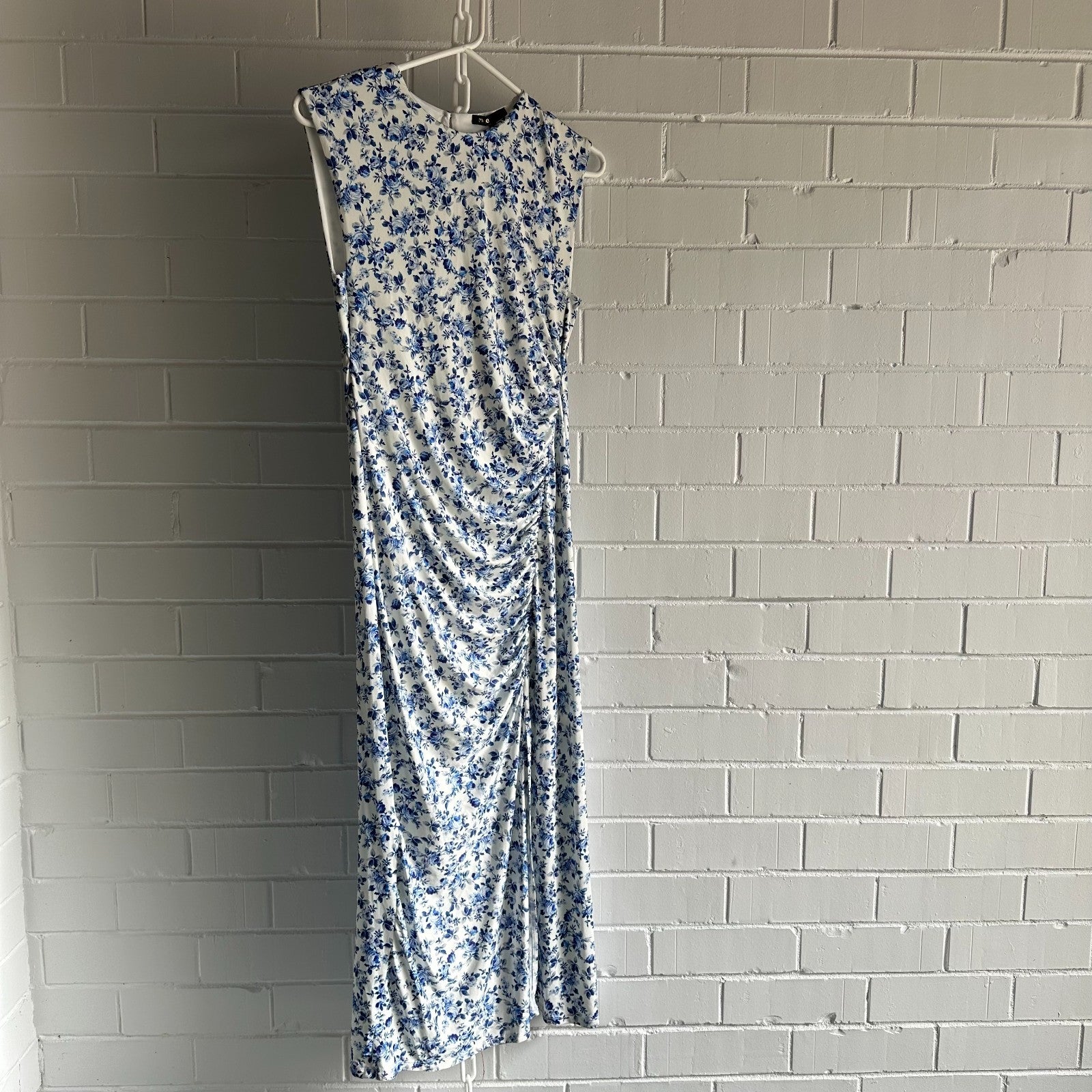 MAJE Floral Sleeveless Midi Dress EU40 AU12 Ruched Bodycon Blue and Ivory
