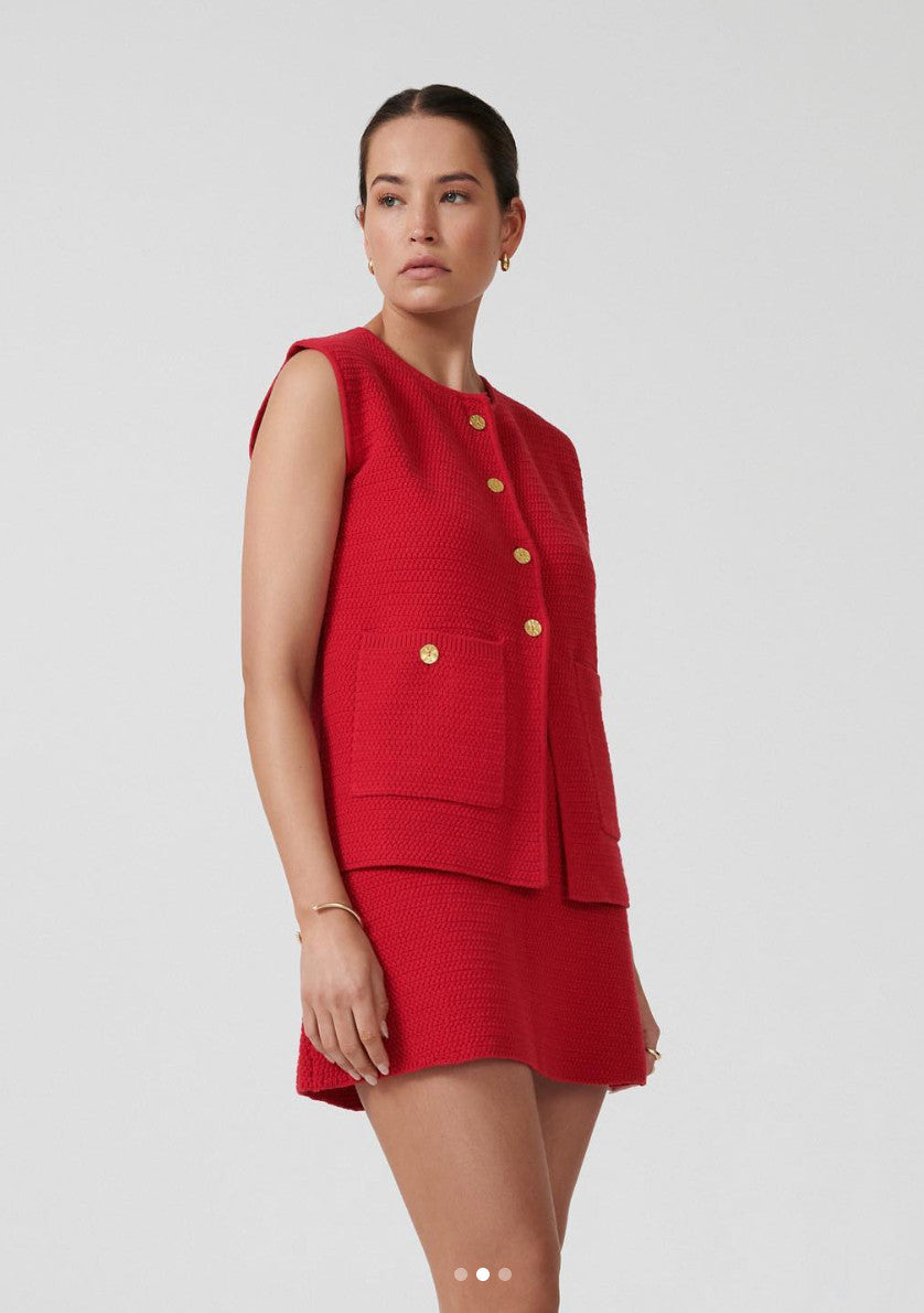 ONTE Helena Gilet & Mini Skirt knit SET Size S Red AU8 US4 Cotton Gold hardware