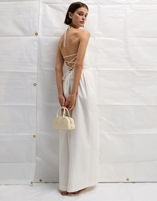 OROTON Eyelet Cotton Twill Halter dress AU10 US6 Maxi lace up eyelets White BNWT