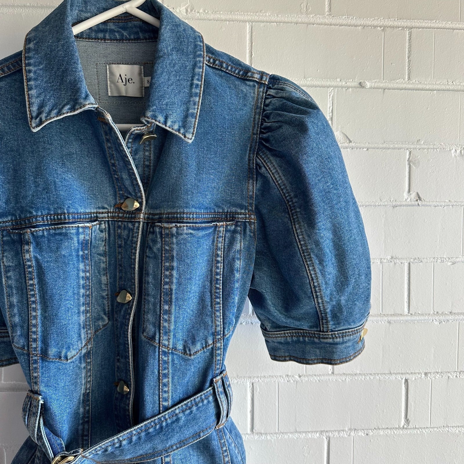 AJE Adriana Puff Sleeve Denim Mini Shirt Dress AU8 US4 90's Blue