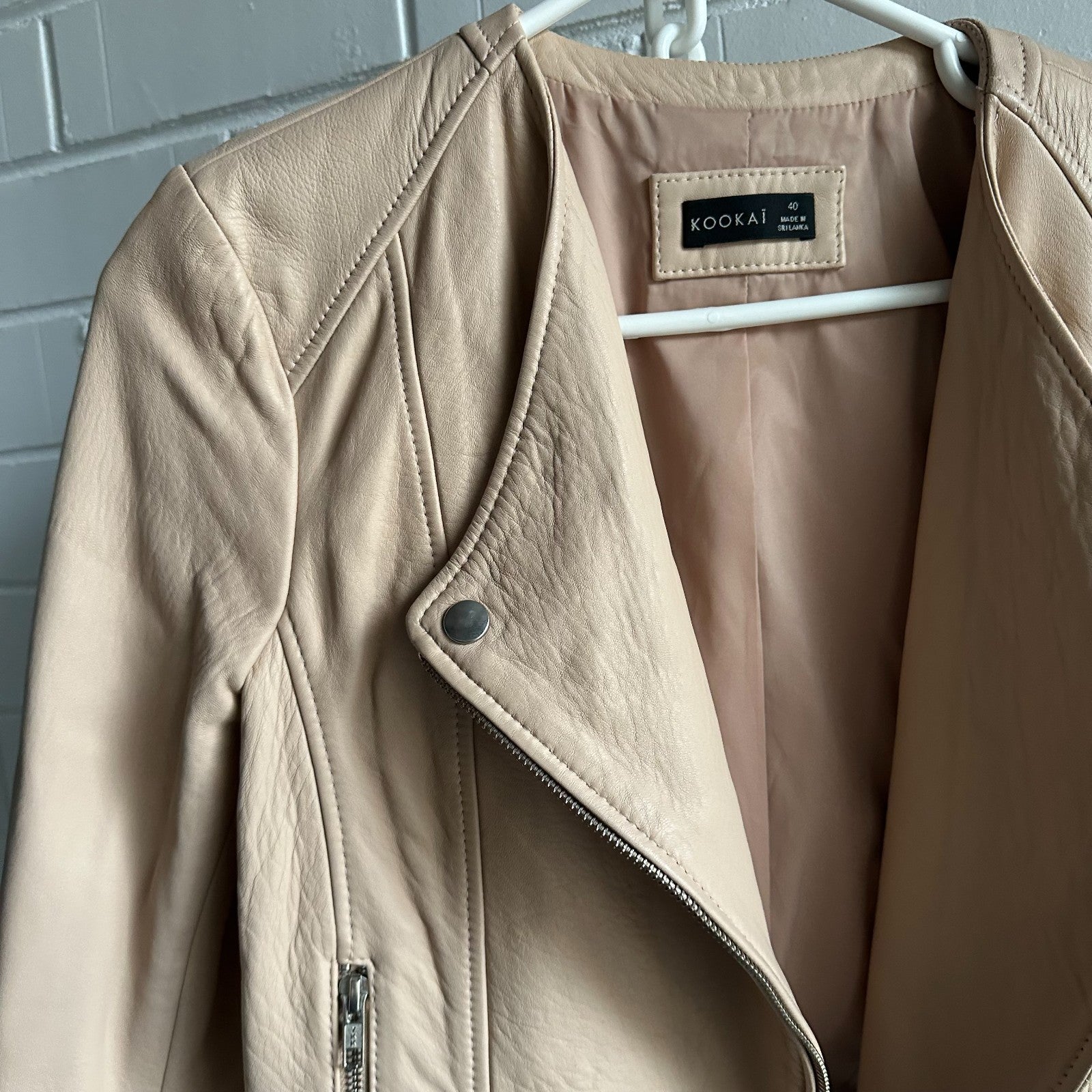 KOOKAI Rush Eggshell Pink Genuine Leather Size S Pretty Biker Zip Long Sleeve