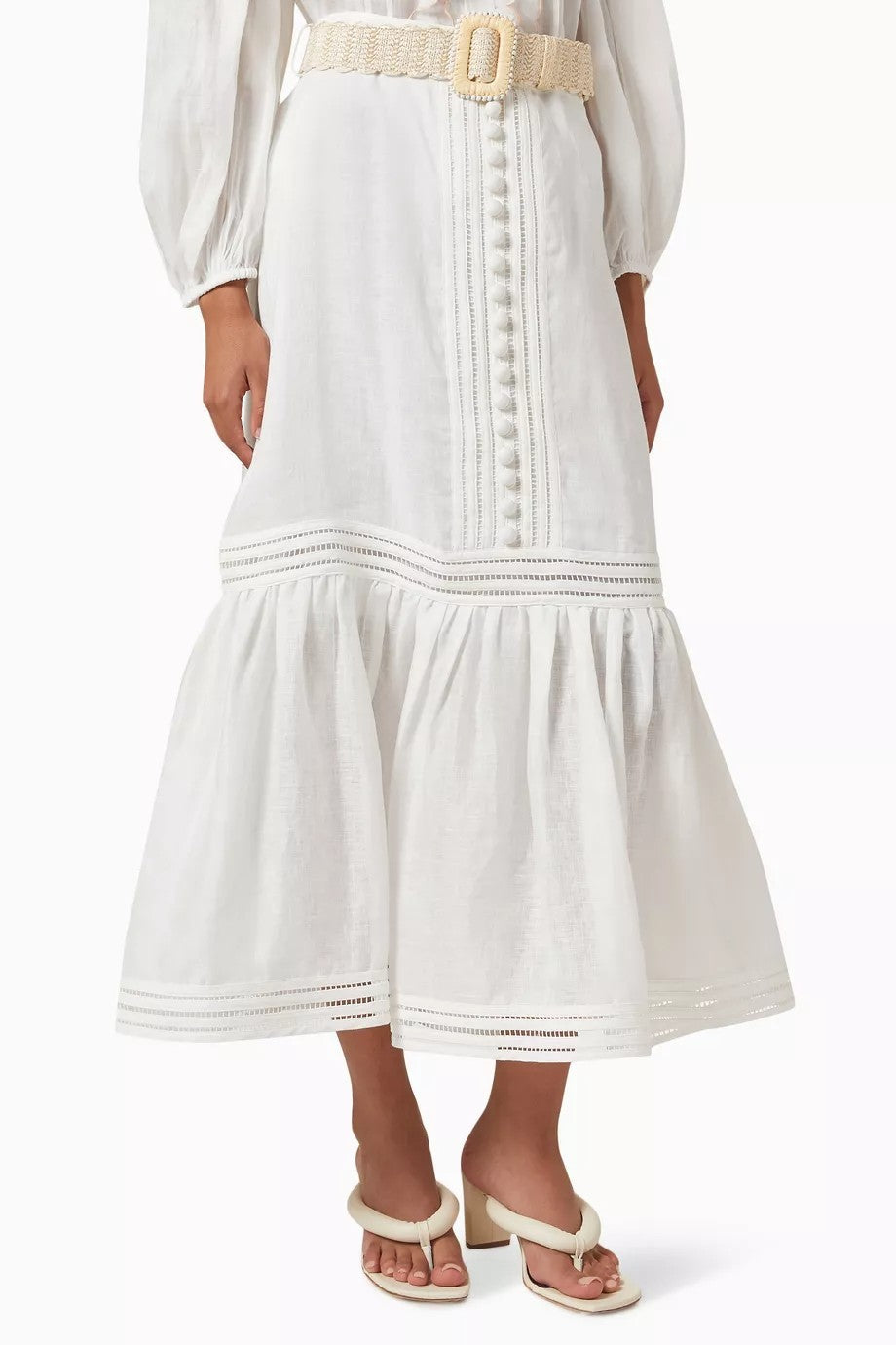 ZIMMERMANN Jude Belted Midi Skirt Sz 2 Ivory Linen Raffia belt
