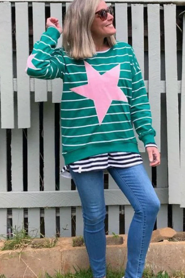 ELM Star Sweatshirt with Elbow patch AU10 Green and Pink