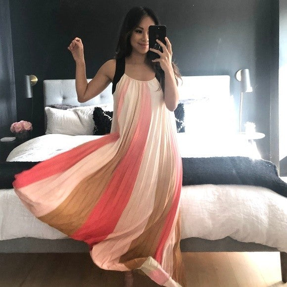 MAJE Runina Ombré Pleated Maxi Dress Size 1 AU8 Multicolour stripe