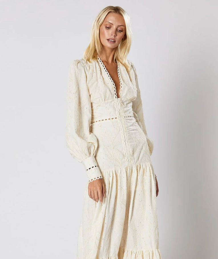 WINONA Cream dress with natural embroidery Size AU8 US4 Cotton long sleeve