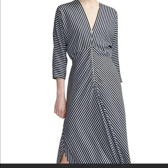 MAJE Rava Diagonal Striped Twill Midi Dress AU8 US4 Monochrome Zip